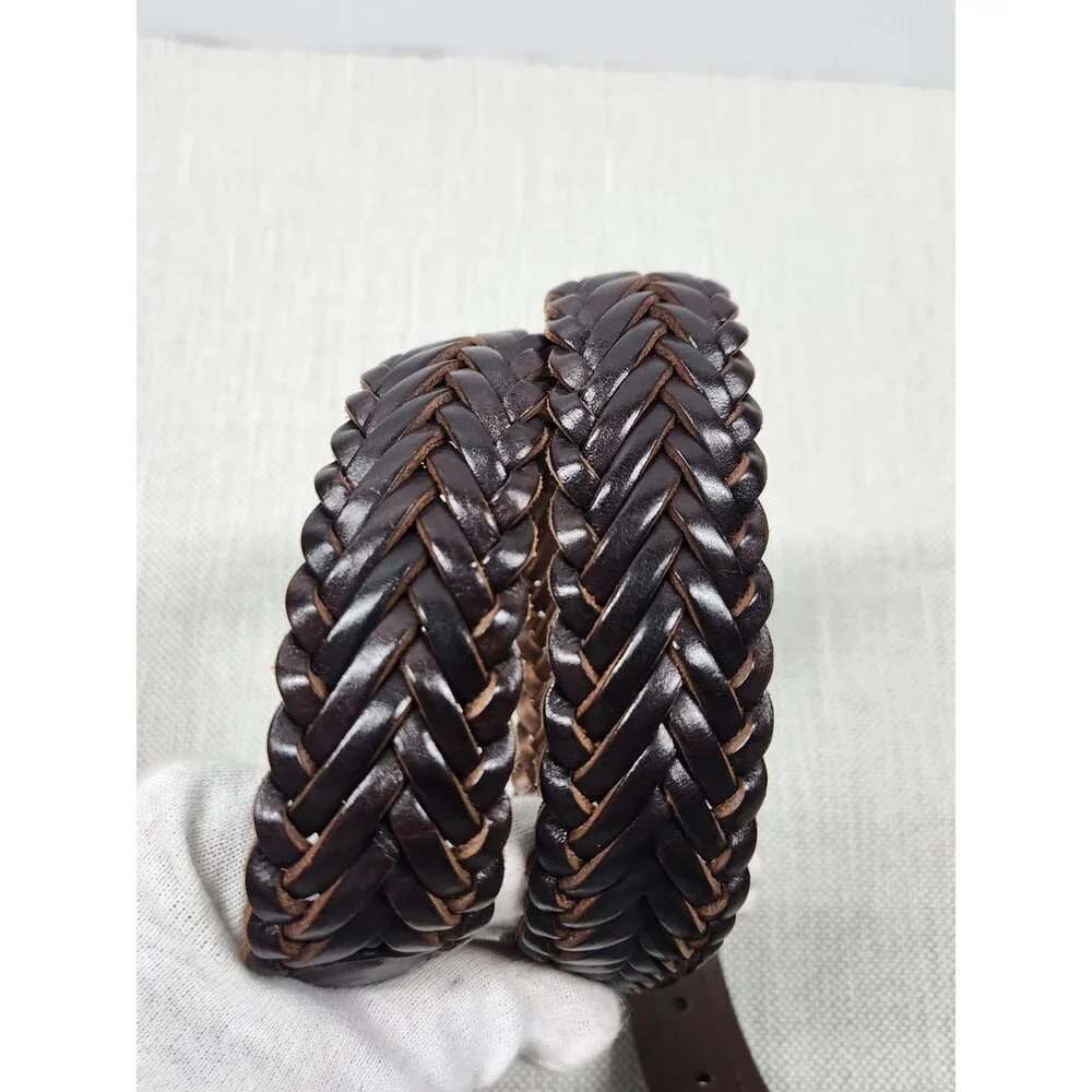 Duluth Trading Co Sz 36 Dark Brown Leather Belt Braided Woven Brass Buckle Flaw